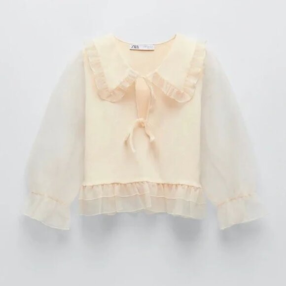 Zara Peterpan Collar Sheer Organza Combination Knit Sweater L Cream Ivory Ruffle - Picture 5 of 16
